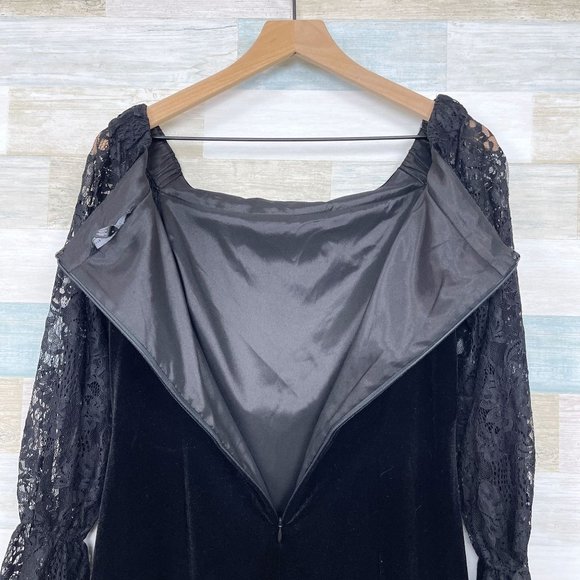 WHBM Off The Shoulder Lace Sleeve Velvet Shift Dress Black Cocktail Womens 6 - Picture 6 of 8